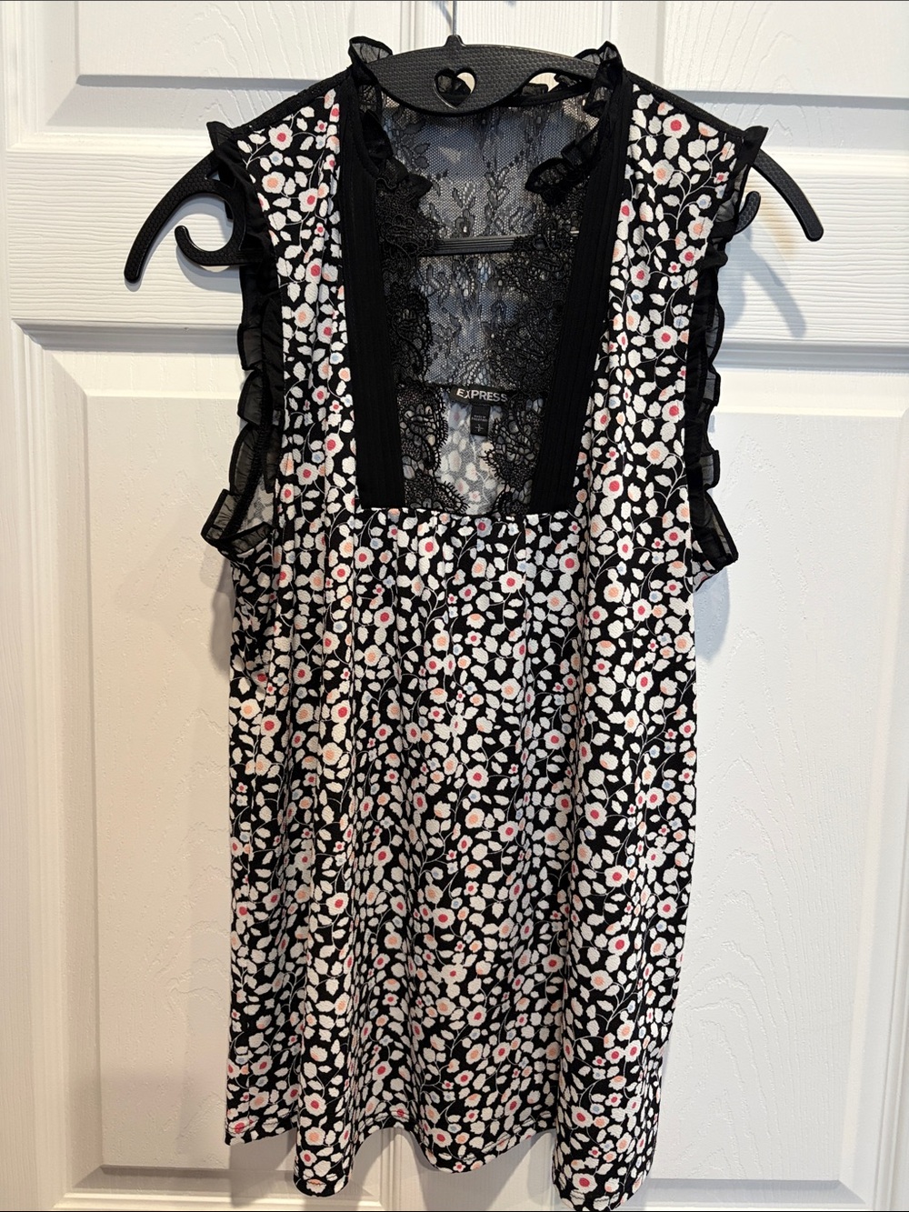 Express Black Floral Lace-Back Ruffle Sleeveless Top